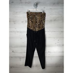 Express Jumpsuit Womens Medium Black Leopard Strapless Drawstring Waist Pockets